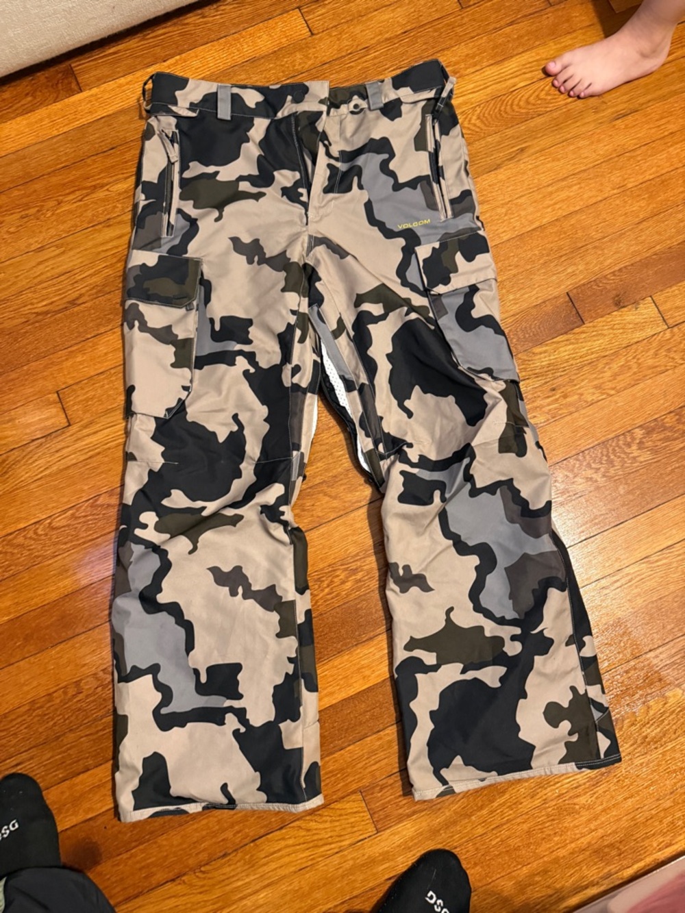 Volcom Beige and Black Camo Cargo Snow Pants